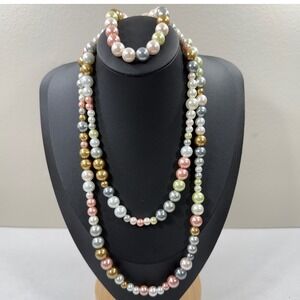 Faux Pearl Jewelry Set Metallic Necklace Bracelet Classic Champagne Gold Pink